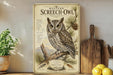 a vintage-style illustration of a Western Screech- Owl on a wooden surface, with a potted plant and a wooden cutting board in the background.