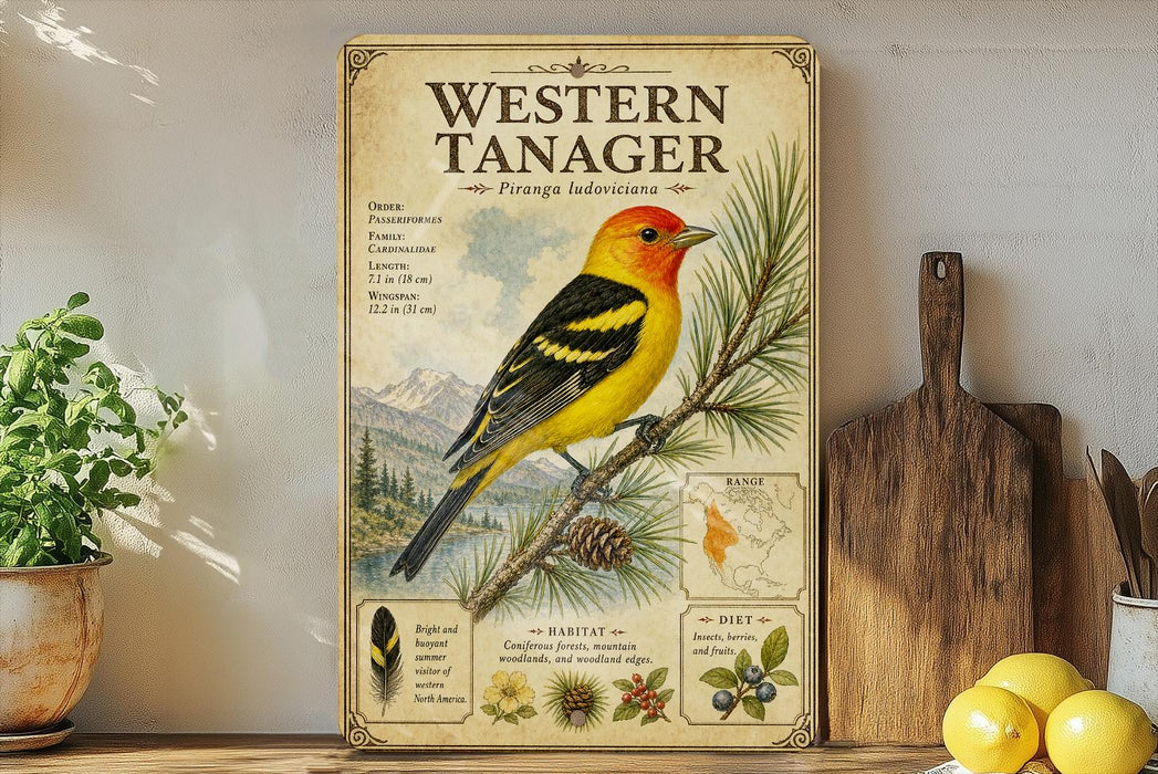 A vintage-style poster of a Western Tanager, a type of bird, is displayed on a shelf next to a wooden cutting board and some potted plants.