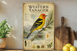 A vintage-style poster of a Western Tanager, a type of bird, is displayed on a shelf next to a wooden cutting board and some potted plants.