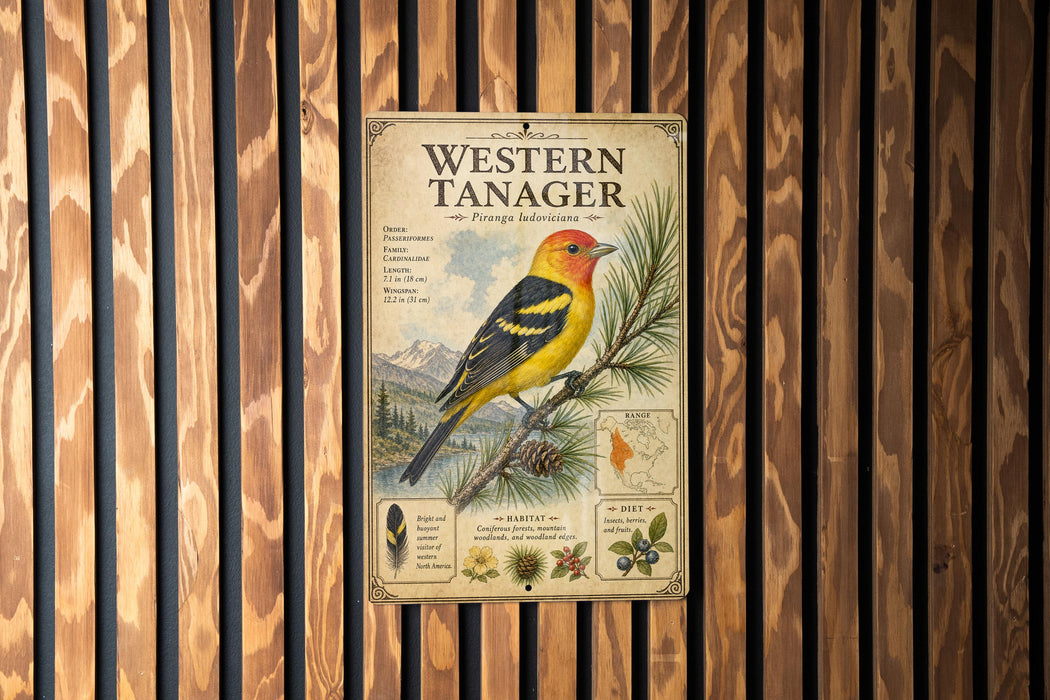 a poster of a Western Tanager, a bird species, mounted on a wooden wall.