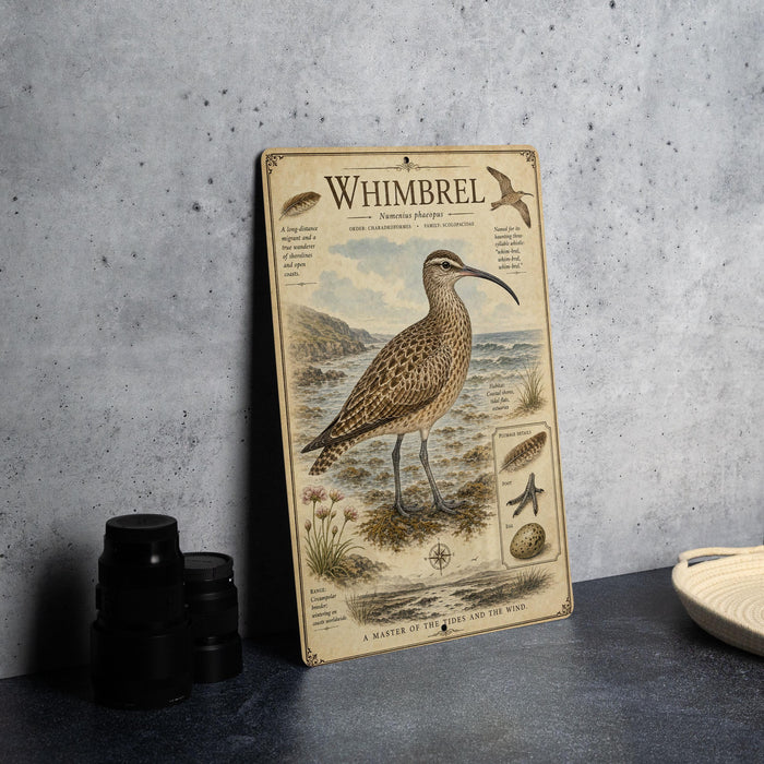 A metal sign with an illustration of a bird, likely a Whimbrel, standing on a beach.