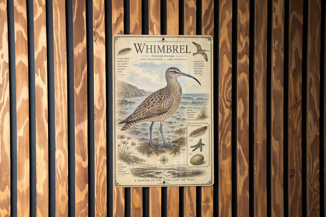 A metal plaque with an illustration of a bird, likely a Whimbrel, standing on a grassy area with a body of water in the background.