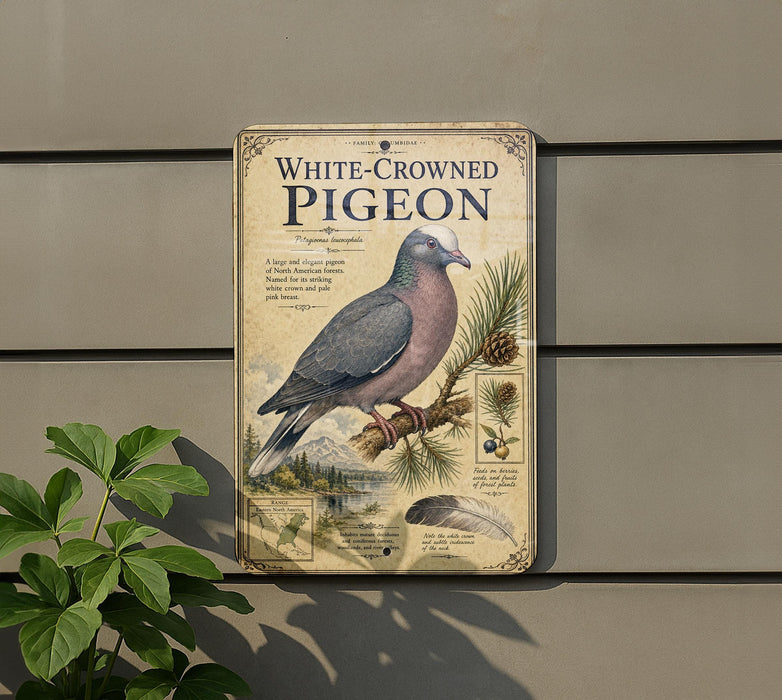 a vintage-style sign depicting a white-crowned pigeon, with illustrations of pine trees and other natural elements.