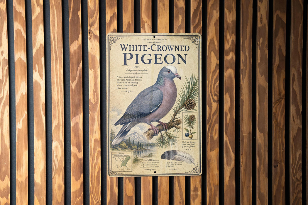 a vintage-style metal sign with a white-crowned pigeon illustration, mounted on a wooden wall.