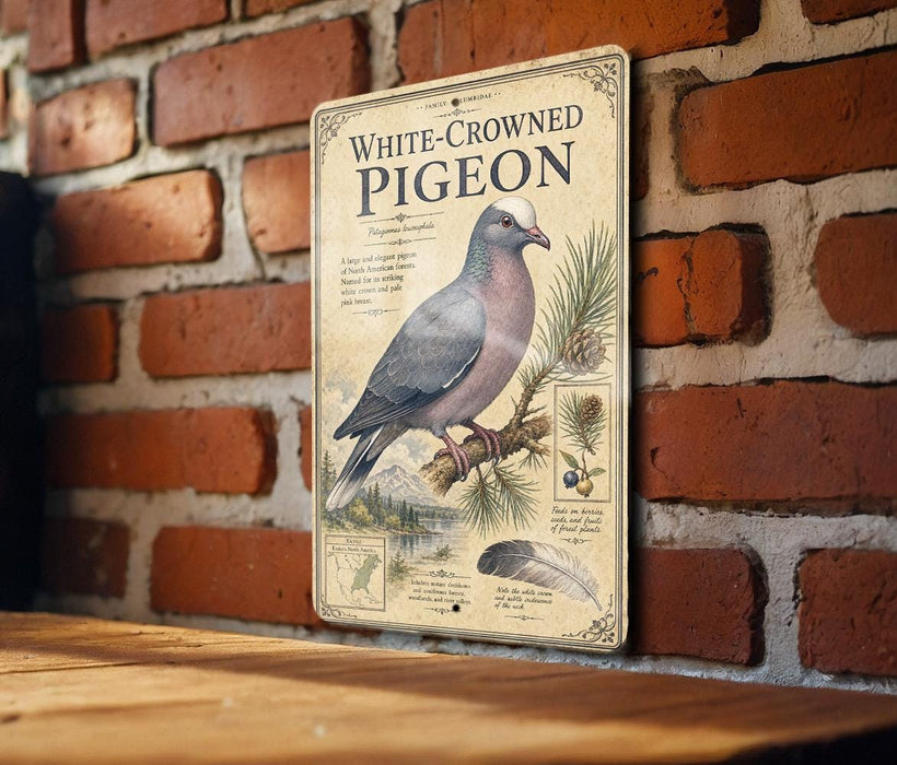 A vintage-style sign with illustrations and text about a white-crowned pigeon is mounted on a brick wall.