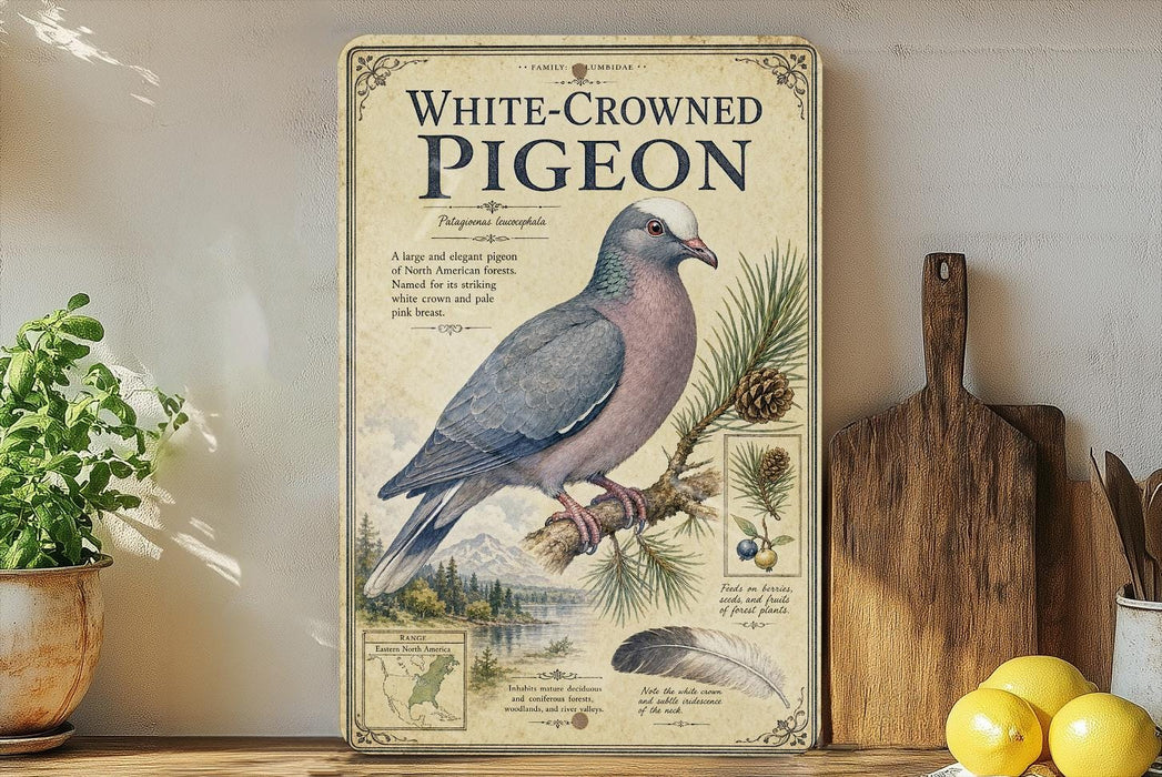 a vintage-style poster of a white-crowned pigeon, with illustrations and text providing information about the bird.