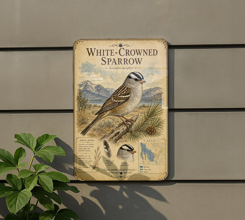 a sign depicting a white-crowned sparrow, with a detailed illustration of the bird and its natural habitat.