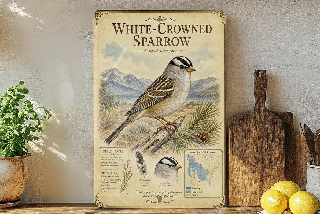 a vintage-style illustration of a white-crowned sparrow, with a detailed depiction of the bird's physical features and habitat. The illustration is displayed on a wooden shelf, accompanied by a potted plant, a cutting board, and some lemons.