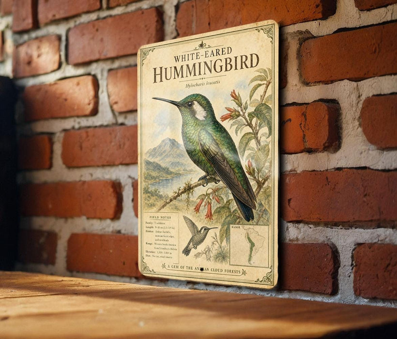 A vintage-style metal sign featuring an illustration of a hummingbird is mounted on a brick wall.