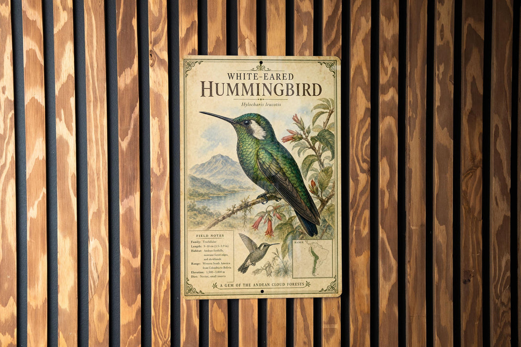 a vintage poster of a hummingbird, mounted on a wooden wall.