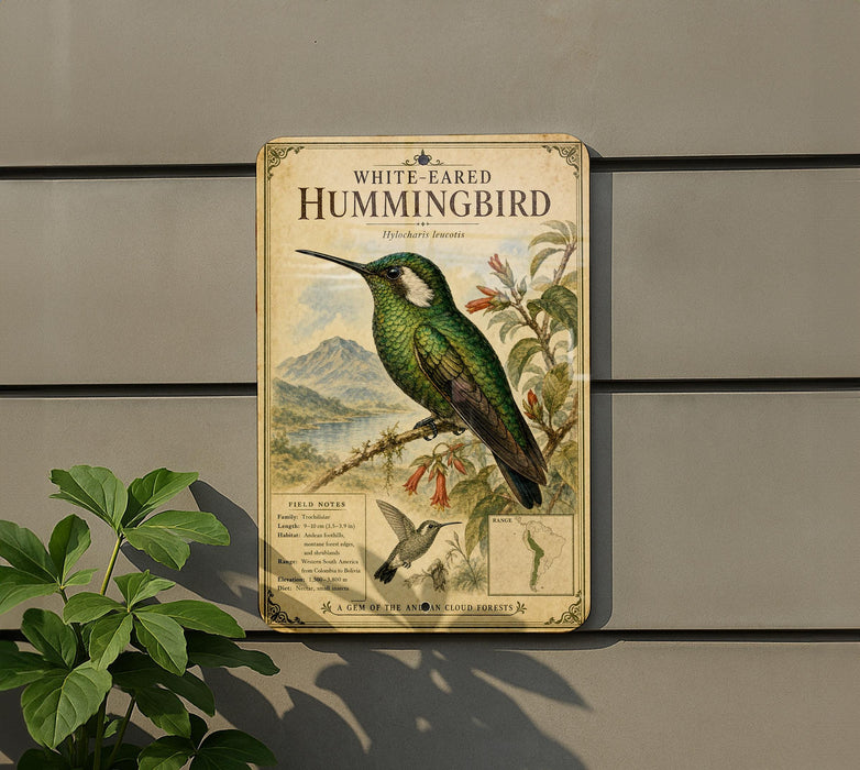 A vintage-style metal sign depicting a white-eared hummingbird, with a detailed illustration of the bird and its natural habitat.