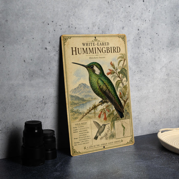 a vintage-style illustration of a hummingbird, with a detailed depiction of its green and white coloration and its long, slender beak. The illustration is set against a backdrop of a mountain landscape, adding to the overall aesthetic of the scene.