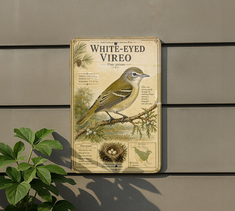 a field guide to white-eyed vireos, which is mounted on a wall next to a plant.