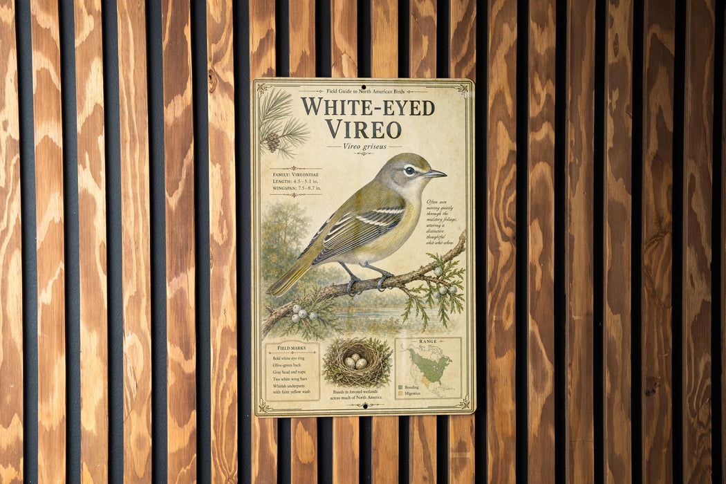 a vintage-style sign with a bird illustration, mounted on a wooden wall.