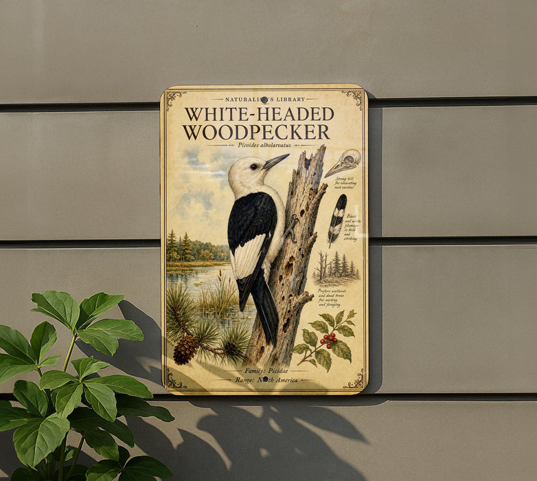 a vintage-style metal sign with illustrations of a white-headed woodpecker and pine trees, mounted on a wall.