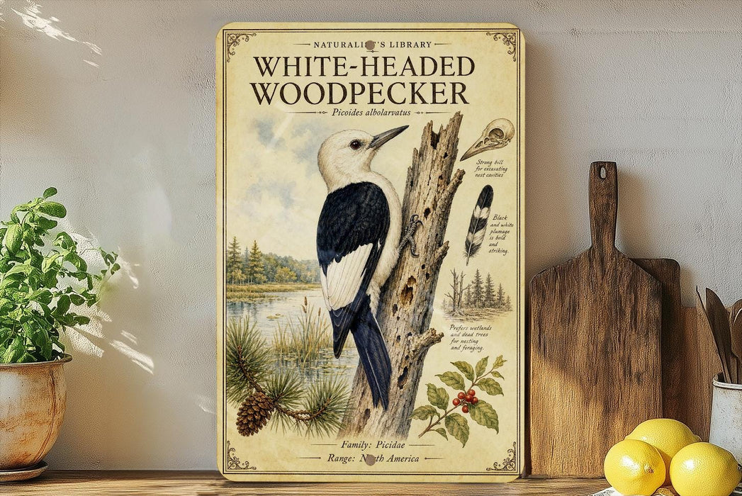 a vintage-style poster of a white-headed woodpecker on a tree branch, surrounded by illustrations of pine trees and other wildlife. The poster is displayed on a shelf next to a wooden cutting board and a potted plant.