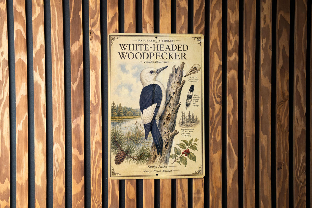 a poster of a white-headed woodpecker hanging on a wooden wall.