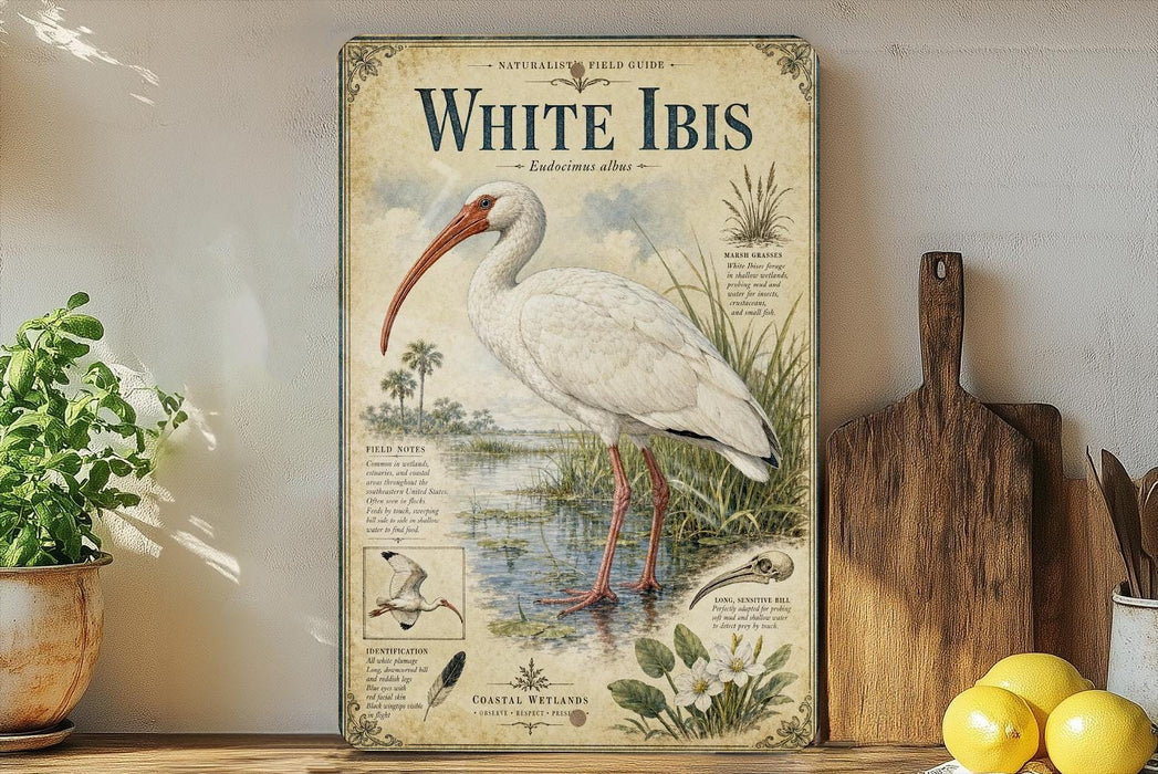 A vintage-style field guide for the White Ibis, featuring illustrations and text about the species.