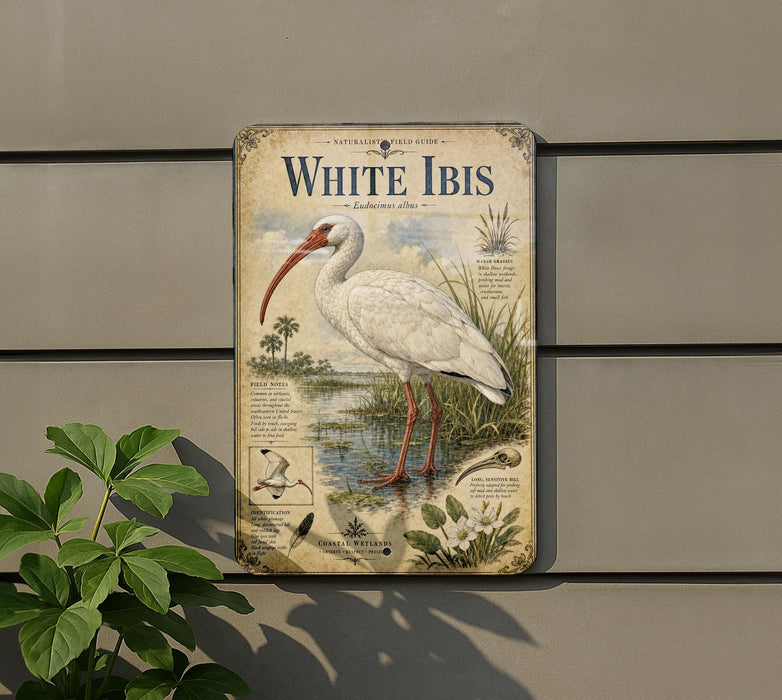 a vintage-style metal plaque depicting a white ibis bird, with a detailed illustration and accompanying text.