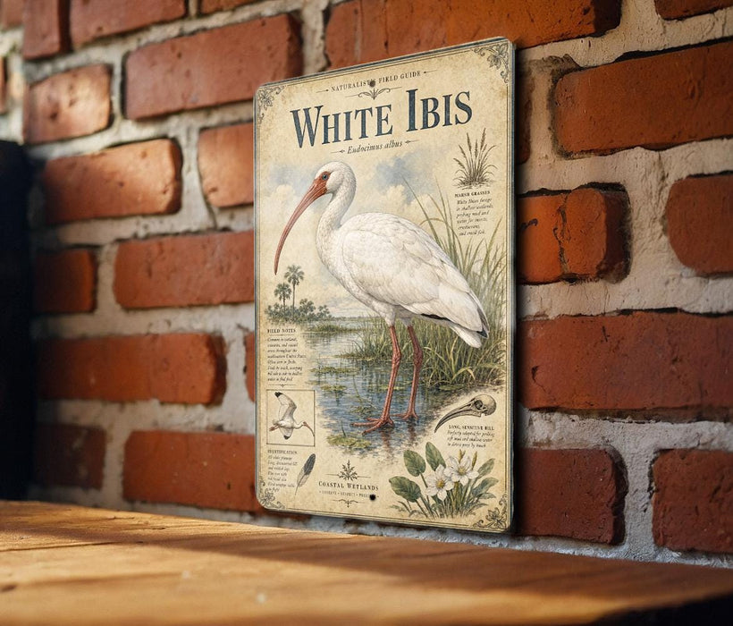 a vintage-style metal sign with illustrations and text, mounted on a brick wall.