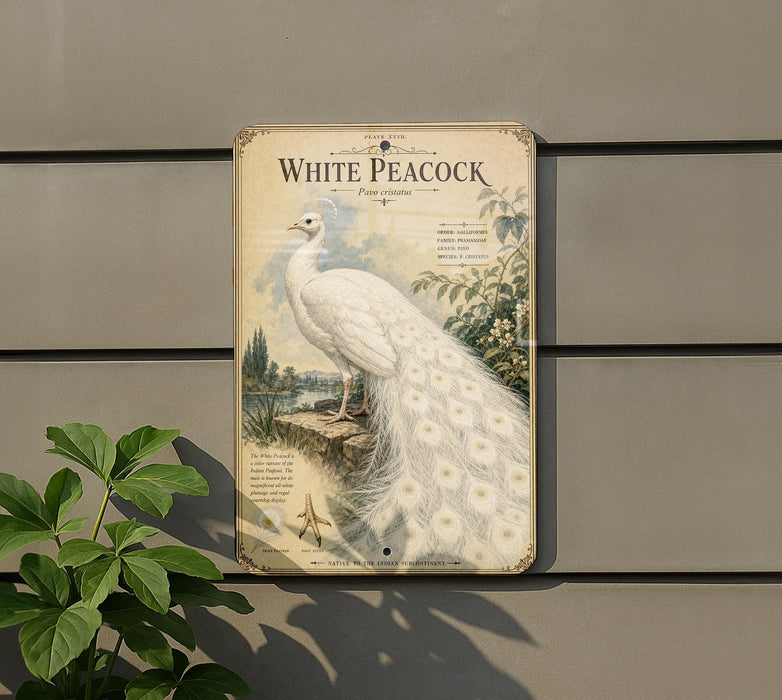 a vintage-style metal sign with a white peacock illustration, mounted on a wall.