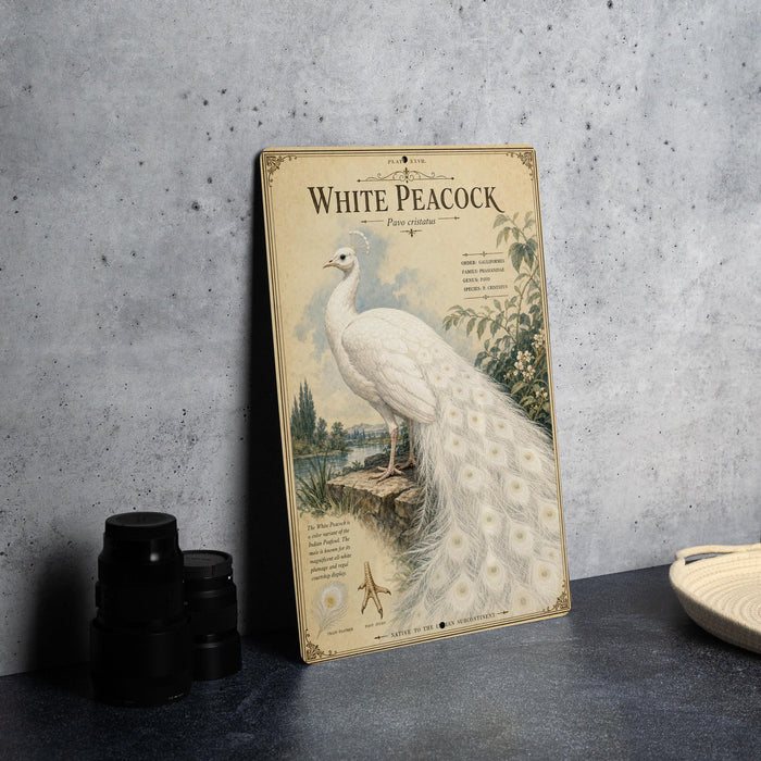 a vintage-style metal sign with a white peacock illustration, placed on a dark surface next to some black camera lenses.