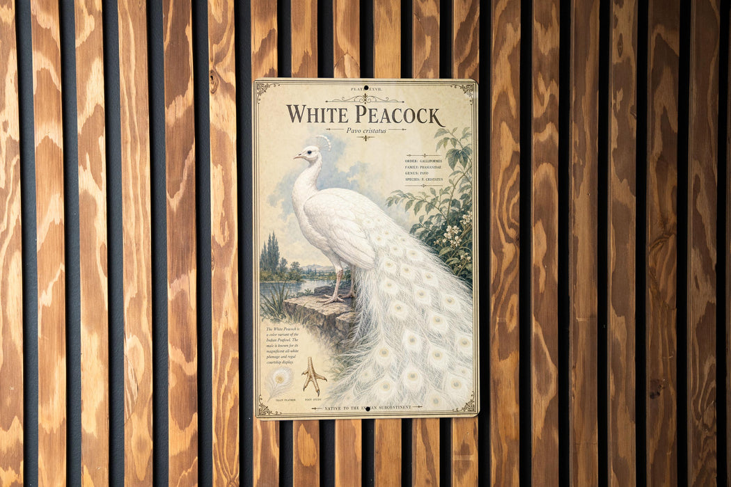 A vintage-style poster of a white peacock is displayed on a wooden wall.