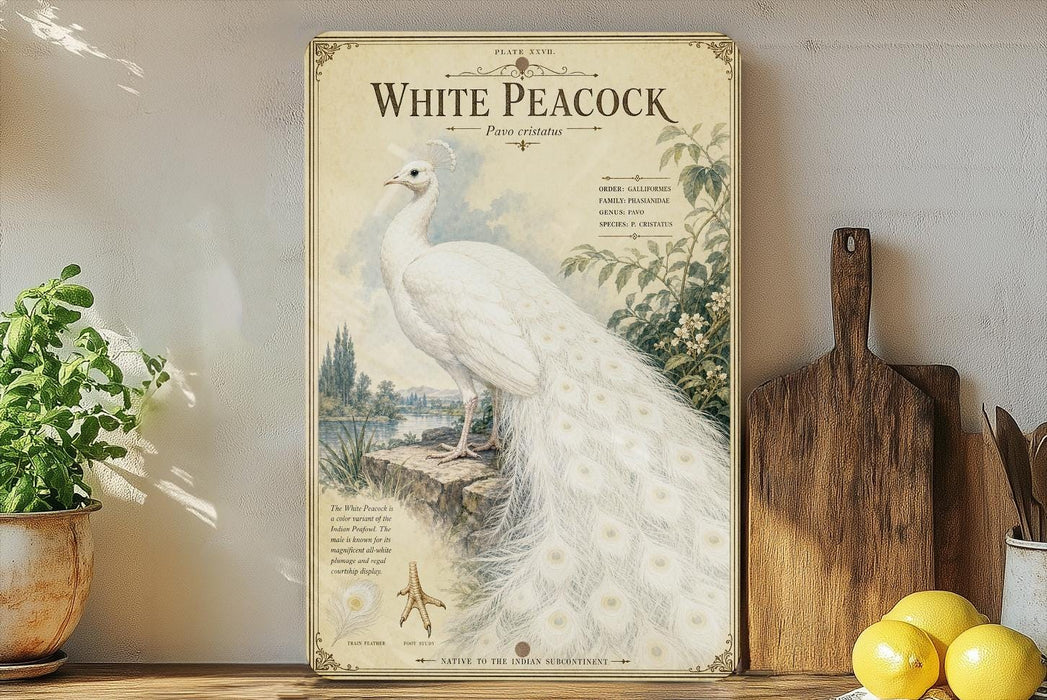 A framed illustration of a white peacock is displayed on a shelf, surrounded by various kitchen utensils and a potted plant.