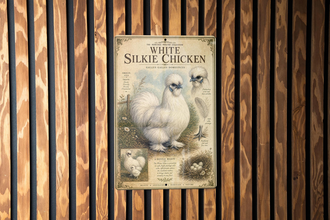 A vintage-style poster of a white Silkie chicken is displayed on a wooden wall.