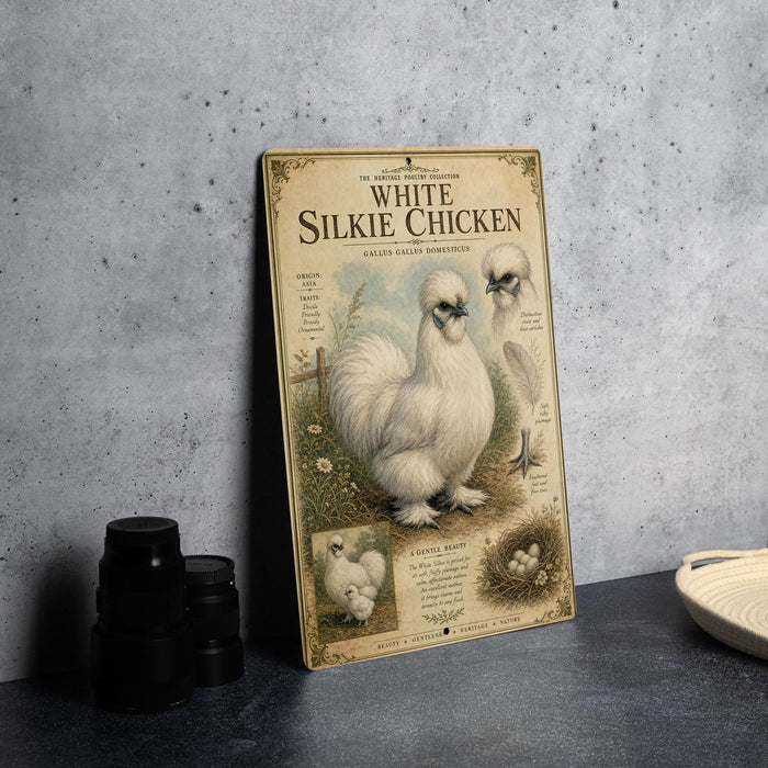 a poster or book cover for "White Silkie Chicken" with illustrations and text.