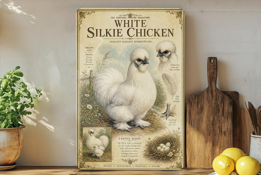 a poster or painting of a white Silkie chicken, which is a breed of chicken known for its distinctive appearance and elegant demeanor. The poster includes a detailed illustration of the chicken, along with text that provides information about the breed, such as its origin, traits, and history. The poster is displayed on a shelf, surrounded by various kitchen items, including a wooden cutting board, a potted plant, and a bowl of fruit.