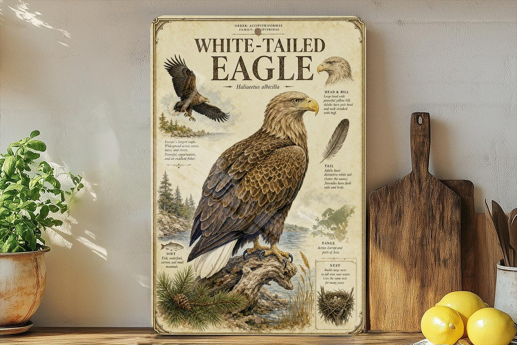 a poster or illustration of a white-tailed eagle, with various details and illustrations of the bird, including its size, habitat, and physical characteristics.