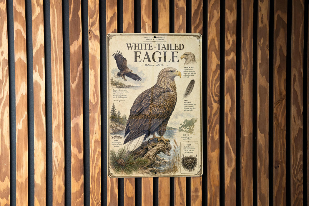 The image is a poster or informational display about a white-tailed eagle, featuring illustrations and text about the species.