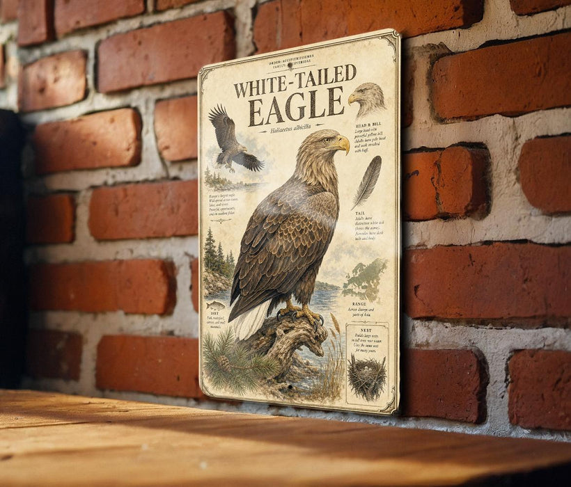 a large, detailed illustration of a white-tailed eagle perched on a tree branch, with accompanying text providing information about the species.
