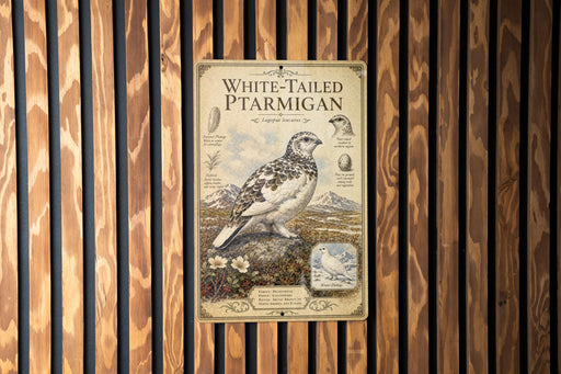 a vintage-style poster or sign with illustrations and text, mounted on a wooden wall.