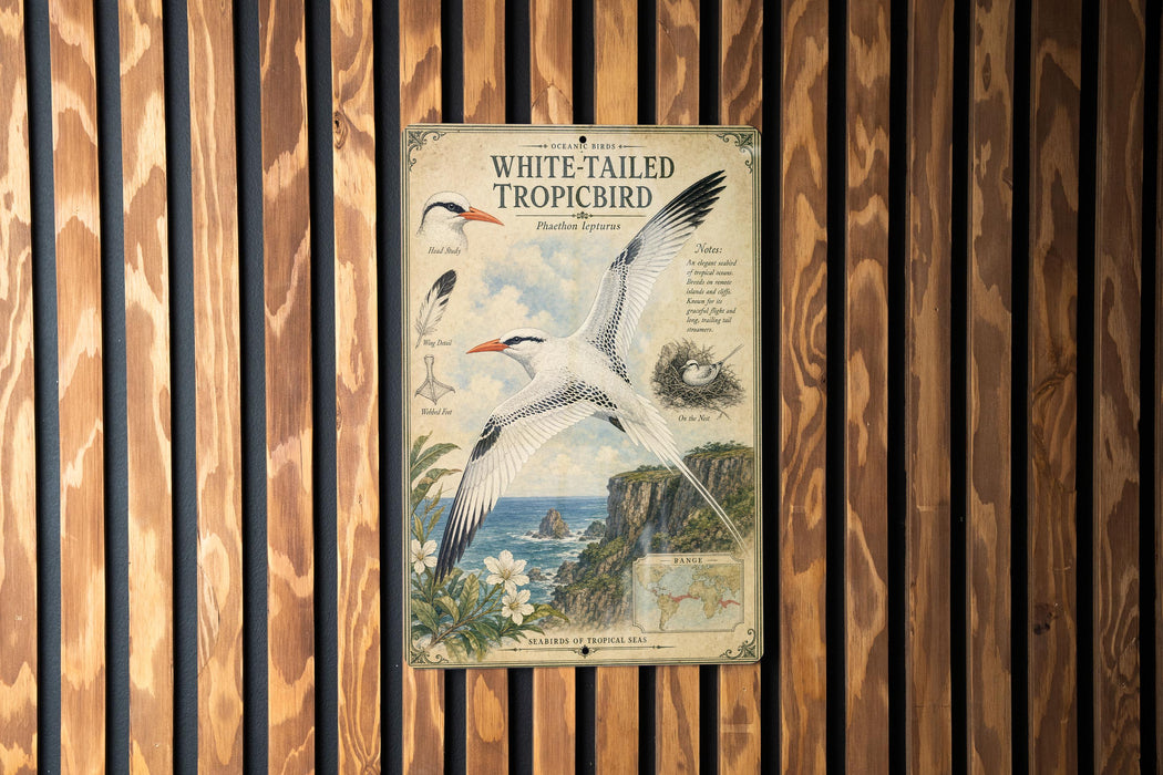 a poster of a white-tailed tropical bird, which appears to be a guide or informational display about the bird species.