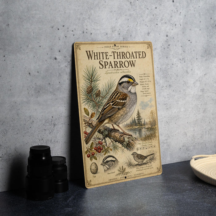A vintage-style field guide to white-throated sparrows, featuring illustrations and text about the species.
