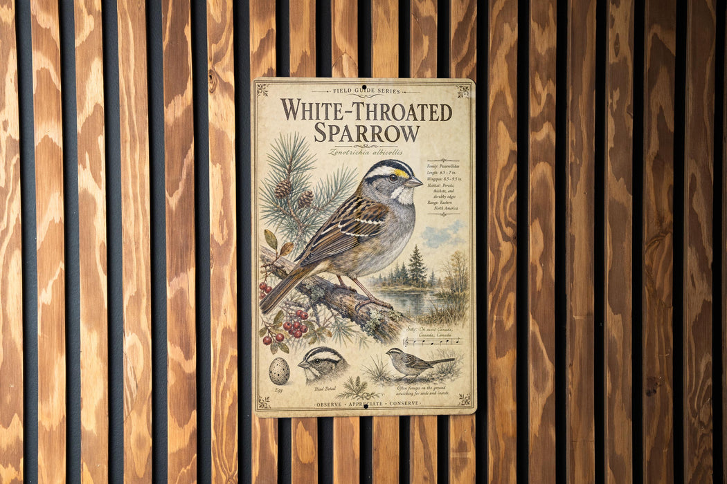a poster of a white-throated sparrow, which is mounted on a wooden wall.