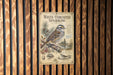a poster of a white-throated sparrow, which is mounted on a wooden wall.