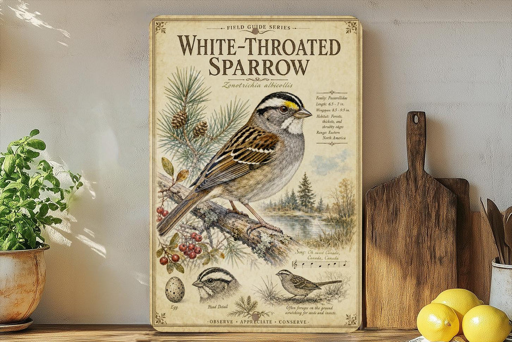 a vintage-style poster or painting of a white-throated sparrow, with illustrations of the bird and its natural habitat, such as pine trees and berries. The poster is displayed on a shelf next to a wooden cutting board and a potted plant.