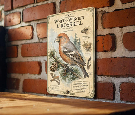 A vintage-style metal sign with illustrations and text about the White-winged Crossbill bird, mounted on a brick wall.
