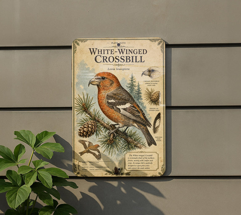 A vintage-style metal plaque with an illustration of a white-winged crossbill bird, mounted on a wall next to a plant.