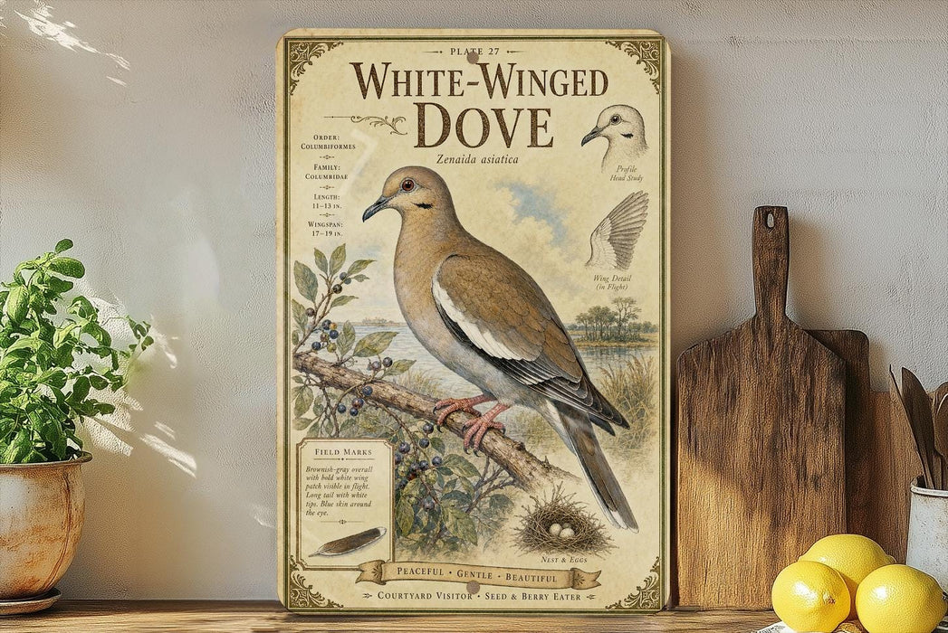 a vintage-style illustration of a white-winged dove, accompanied by text and a detailed illustration of the bird in flight.