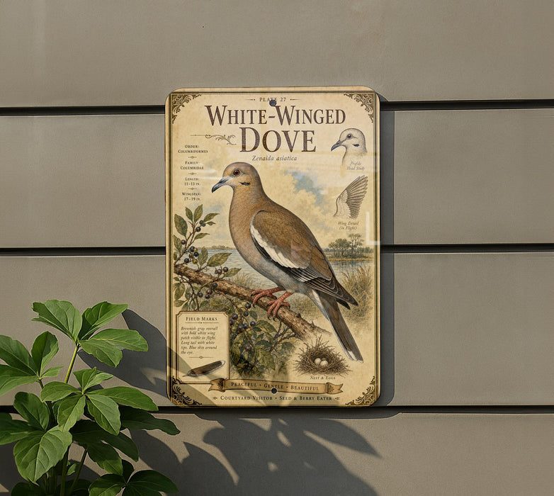 a vintage-style metal sign with illustrations and text, mounted on a wall next to a plant.