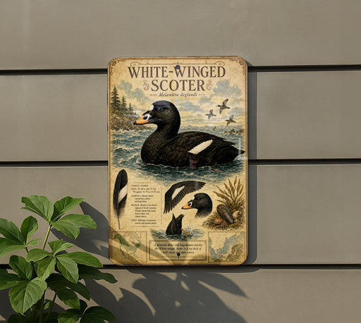 a sign depicting a white-winged scoter, a type of water bird, with illustrations of the bird in flight and swimming.
