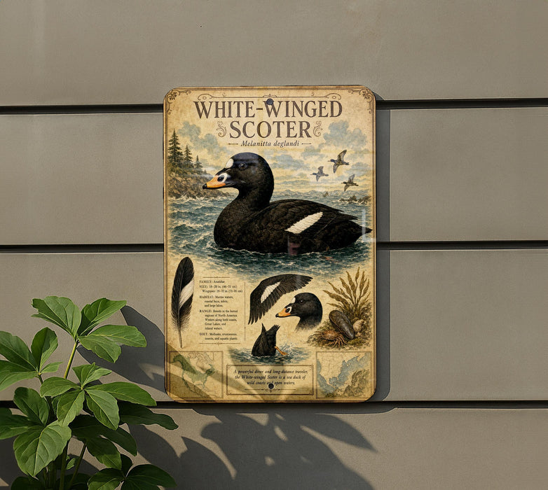 a sign depicting a white-winged scoter, a type of water bird, with illustrations of the bird in flight and swimming.