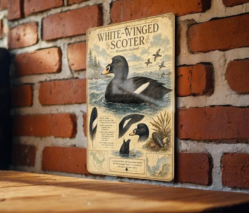 a vintage-style metal sign with illustrations and text, mounted on a brick wall.