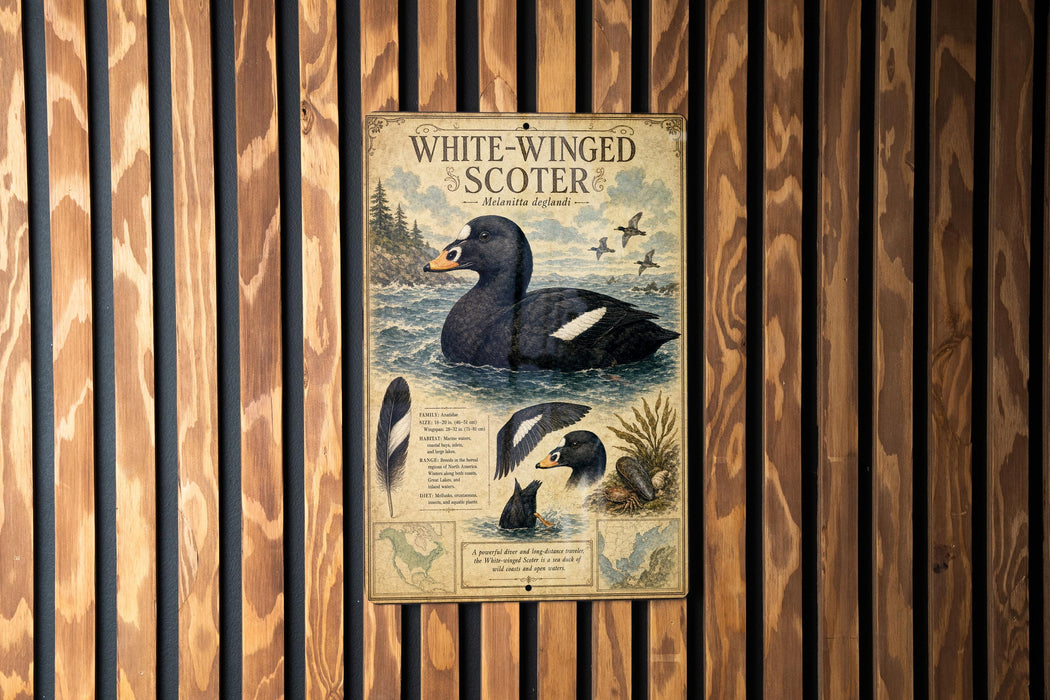 a poster of a white-winged scoter, a type of bird, displayed on a wooden wall.