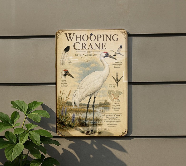 a metal sign with illustrations and text about a Whooping Crane, mounted on a wall next to a plant.