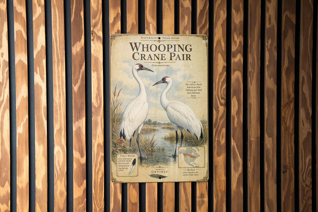 The image is a poster for "Whooping Crane Pair" featuring illustrations of two white cranes standing in a field near a body of water.